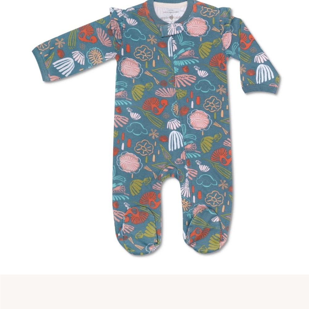 Apple Park Organic KEFE Flutter Sleeve Zipper Footie Teal Flower Garden 6 9